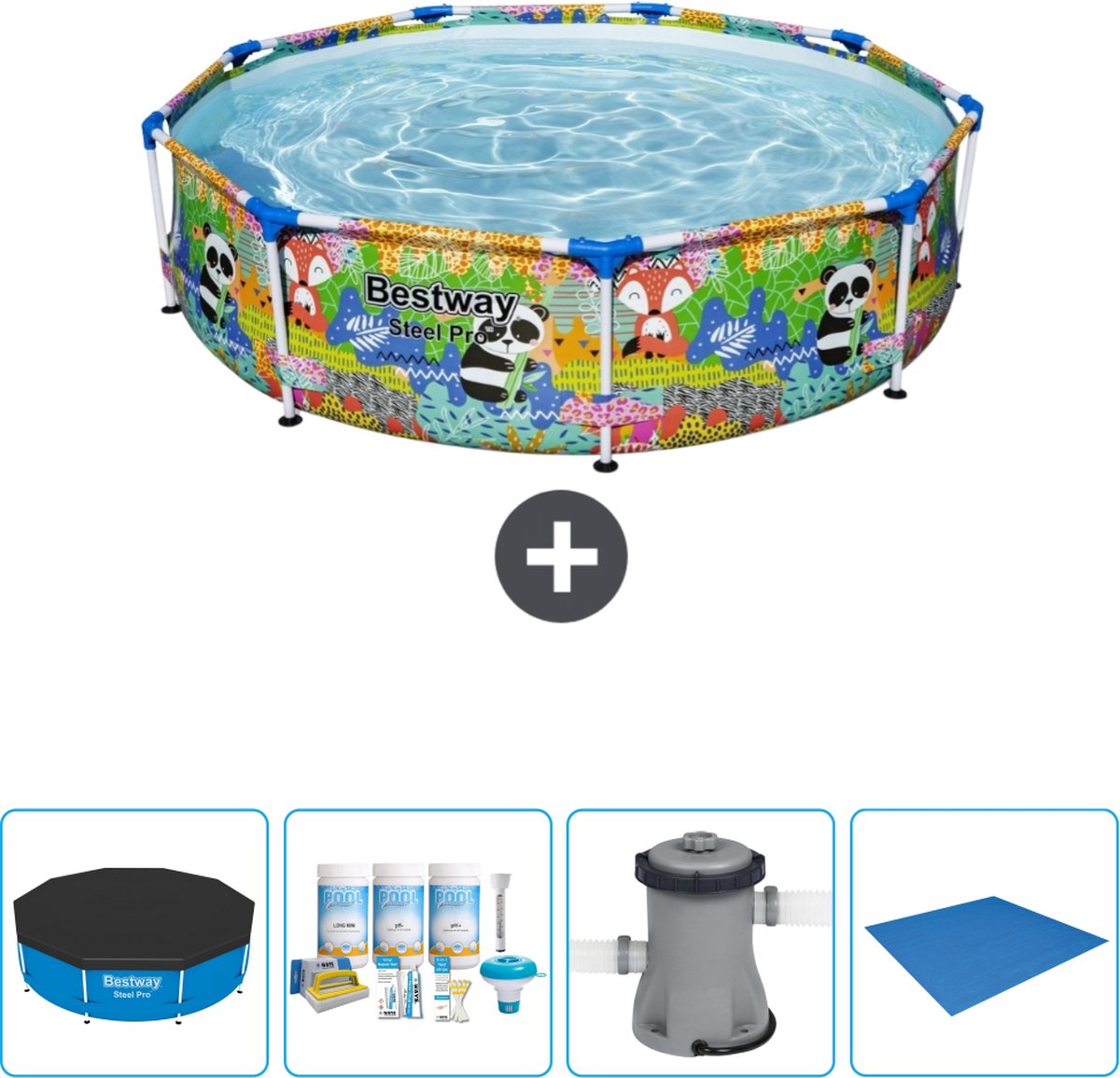 Bestway Rond Steel Pro Zwembad – 274 x 66 cm – Dierenprint – Inclusief Afdekzeil – Onderhoudspakket – Pomp – Grondzeil