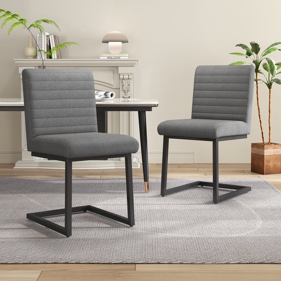 Sweiko 2-delige eetkamer stoelen, gestoffeerde stoel met zigzag metalen benen, moderne lounge stoel, stoel voor slaapkamer, werkkamer en bureau, synthetisch leer, Grijs