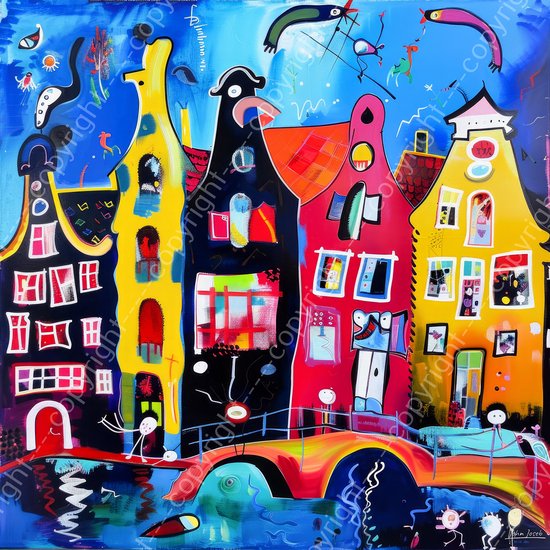 JJ-Art (Aluminium) 80x80 | Amsterdam, huizen, brug, gracht, humor, Herman Brood stijl, abstract, kunst | stad, Nederland, vierkant, oranje, blauw, geel, rood, woonkamer, modern | foto-schilderij op dibond, metaal wanddecoratie