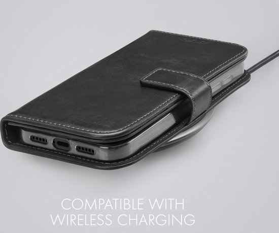 Étui portefeuille noir pour iPhone avec boucle, compatible avec la recharge sans fil.