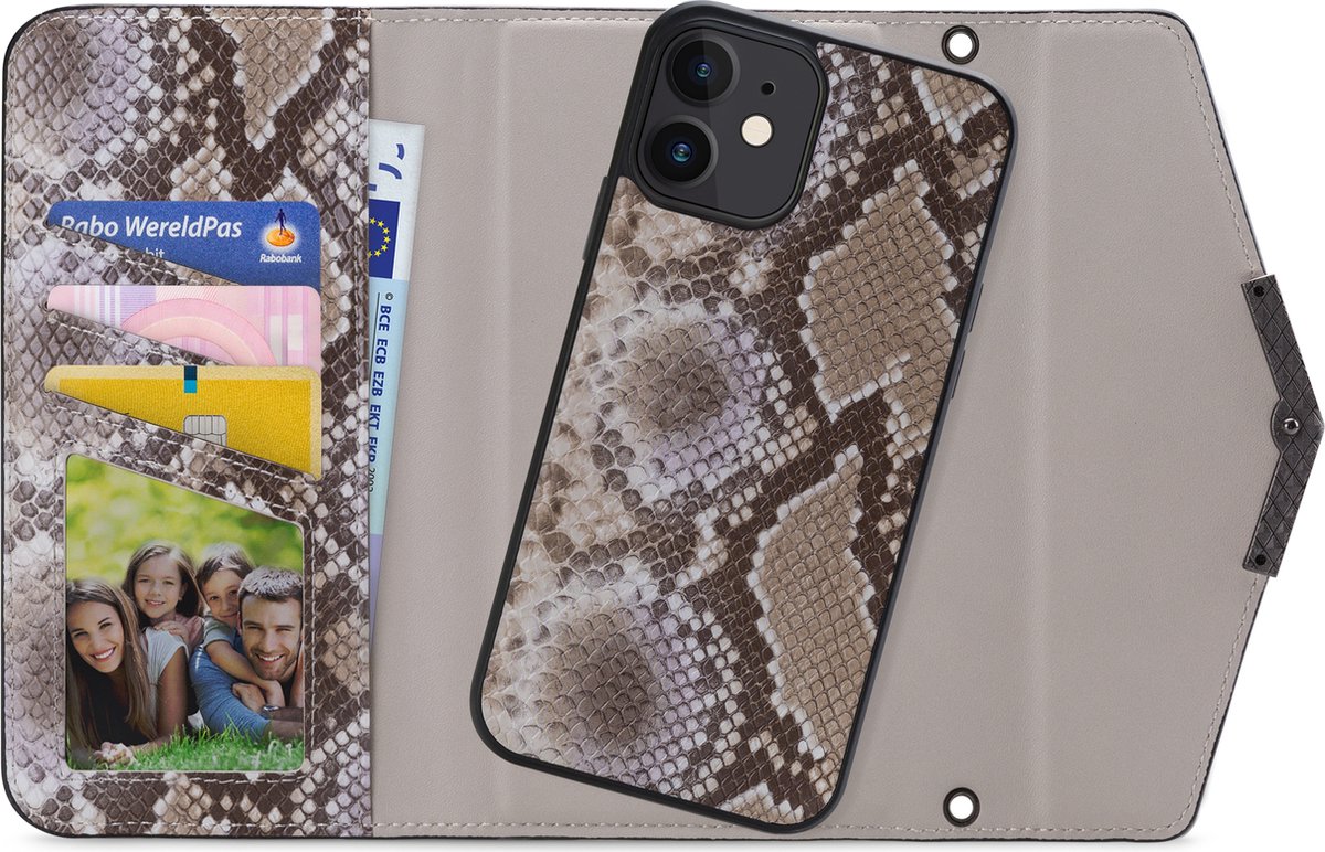 Mobilize Telefoonhoesje geschikt voor Apple iPhone 12 Pro Hoesje | Mobilize Elegant Magnet Uitneembare 2in1 Clutch | Pasjeshouder voor 3 Pasjes | Telefoonhoesje voor Pinpas / OV Kaart / Rijbewijs - Beige Snake | Beige