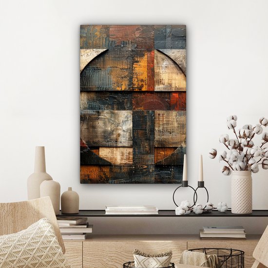 Peinture abstraite avec des motifs de bois et de carreaux dans des tons bruns, avec des éléments circulaires.
