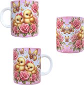 Koffie beker - thee mok gouden vogels - vlinders roze roosjes