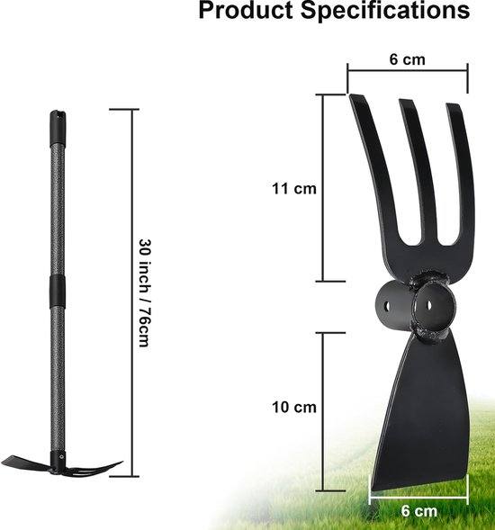 Tuinhak met steel van roestvrij staal, 76 cm, dubbele 3-tanden