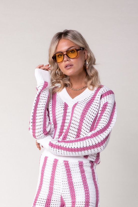Colourful Rebel Lizza Crochet Stripe V-Neck Sweater - XL