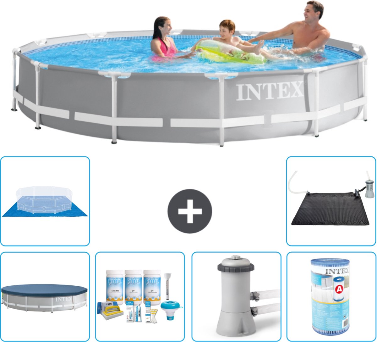 Intex Prism Frame Intex Rond Prism Frame Zwembad 366 x 76 cm Grijs Inclusief Afdekzeil Onderhoudspakket Zwembadfilterpomp Filter Grondzeil Solar Mat