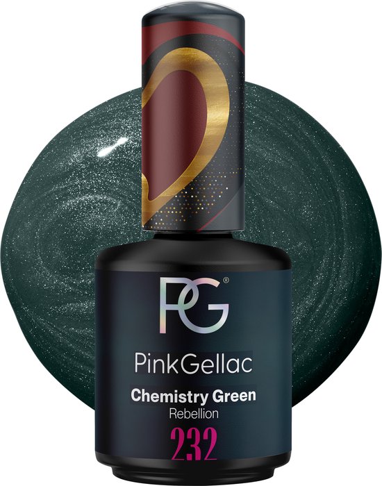 Flesje Pink Gellac 232 Chemistry Green, een donkergroene glanzende gel nagellak met subtiele glitterdeeltjes.