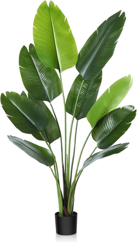 kunstmatige paradijsvogelplant 150 cm kunstmatige tropische palmboom met 10 bladeren perfecte kunstplanten in pot voor binnen en buiten thuis kantoor tuin moderne decoratie (1 pak)