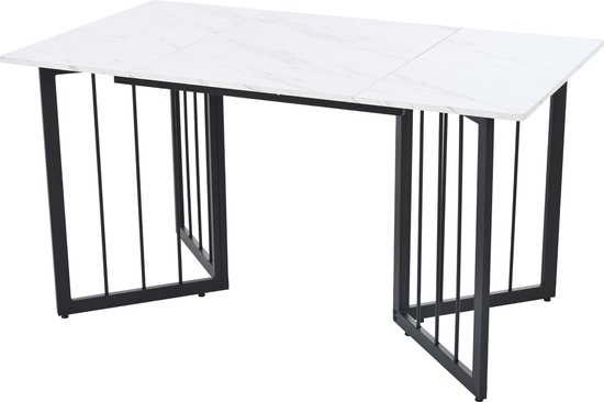 Merax Eettafel 140x80x75 cm - Moderne Tafel in Marmerlook - Keukentafel met Verstelbare Metalen Poten - Wit met Zwart