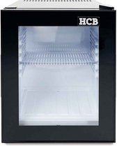 HCB® - Professionele Horeca Minibar koeling - 32L - Mini Koelkast met glazen deur - Kleine drankenkoelkast - D - Zwart - Flessenkoelkast - Bier koelkast - tafelmodel - 38.5x45.2x48.6 cm (BxDxH)