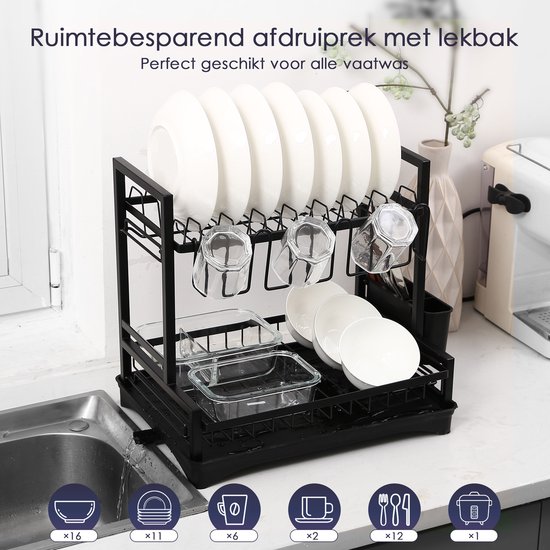 Behave Afdruiprek met Lekbak - Inclusief Afvoer - Afwasrek - Met Bestekhouder - 2 Laags - Ruimtebesparend - Metaal - Zwart - Afwasborstel