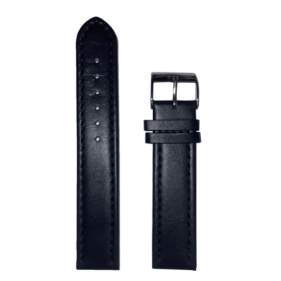 Horlogeband uitvoering 3 - 20mm - Zwart - Echt leer - Roestvrijstalen gesp
