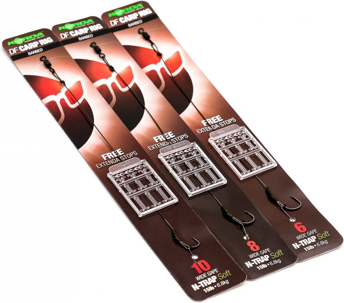 Korda DF Carp Rig Barbed (incl Free Extenda Stops) Haak Wide Gape - Soft N-Trap 20lb - Maat : Haak 4