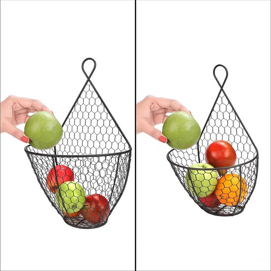 Draadmand, metalen mand, zwart, decoratieve manden, huishouden, wandmand, metaal, badkamer, opbergmand, metaal,houten sokkel voor fruit, snacks, keuken, eetkamer (2 stuks