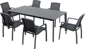 MYLIA Tuineetset van aluminium en textileen: een verlengbare tafel L200/300 cm en 6 opstapelbare fauteuils - Antraciet - MILLAU van MYLIA L 300 cm x H 89 cm x D 102.5 cm