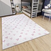 Flycarpets Adventures Creme / Roze Kindervloerkleed Hartjes - Vloerkleed Kinderkamer / Babykamer - Speeltapijt / Speelkleed - 160x235 cm