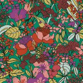 Bloemen behang Profhome 377561-GU vliesbehang glad met bloemen patroon mat groen rood paars geeloranje 5,33 m2