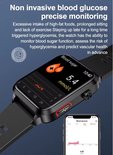 Zwarte smartwatch met kleurenscherm toont bloedsuiker 5.4 mmol/L. Telefoon toont bloedsuiker grafiek.