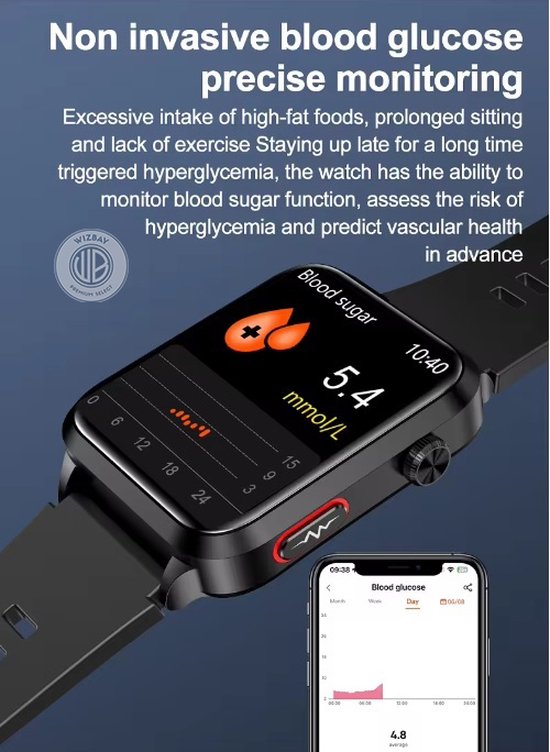 Zwarte smartwatch met kleurenscherm toont bloedsuiker 5.4 mmol/L. Telefoon toont bloedsuiker grafiek.