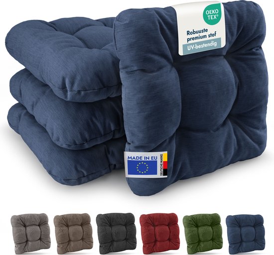 Beautissu HighLux SK – Set van 4 Premium Stoelkussen 40x40 cm Blauw – Robuust Zitkussen UV-bestendig – 8 cm Dik – Indoor & Outdoor – Tuinkussen Balkon