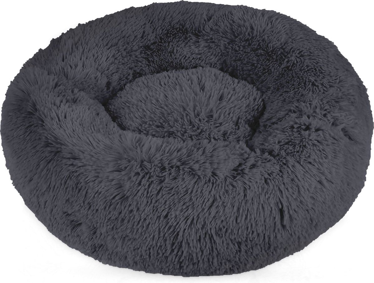 Intirilife pluche bed in donkergrijs diameter 60 cm - Zacht rond antislip hondenbed kattenbed kussen comfortabele hondenbank kattenbank voor honden en katten
