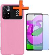 Hoesje Geschikt voor Xiaomi Poco M4 Pro 5G Hoesje Siliconen Cover Case Met Screenprotector - Hoes Geschikt voor Xiaomi Poco M4 Pro 5G Hoes Back Case - Lichtroze