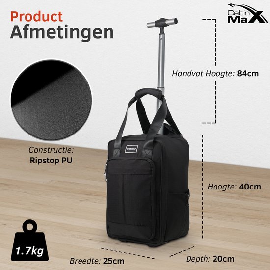 Zwarte Cabin Max trolleytas 40x25x20cm, 1.7kg, ripstop PU constructie, handvat hoogte 84cm.