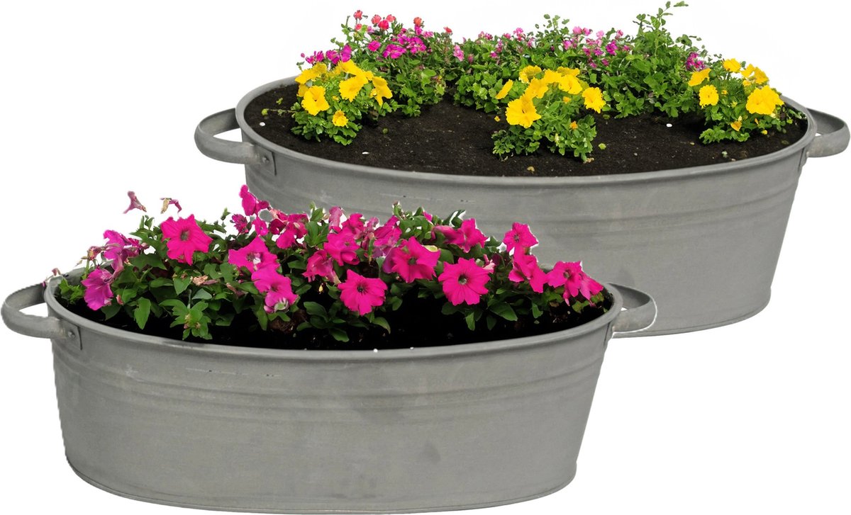 Goedkoopste Mega Collections Teil/plantenpot/bloempot Farmer - 2x - ovaal - zink - donkergrijs - L25 x D18 X H11 cm
