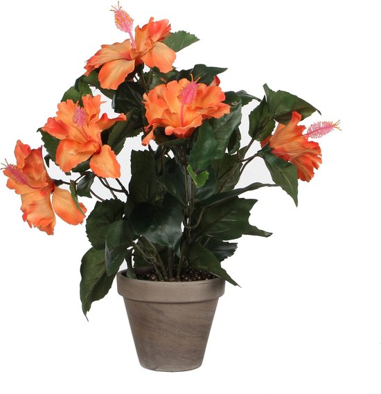 Hibiscus artificiel Orange - H 40cm - Pot décoratif en céramique - Décorations Mica