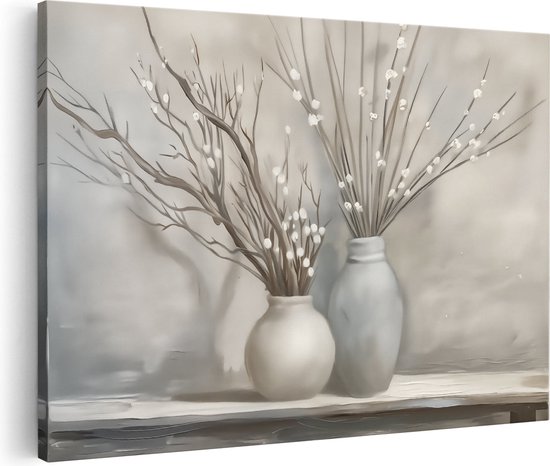 Peinture abstraite de deux vases avec des branches sèches, sur une étagère.