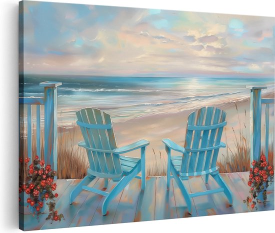 Artaza Canvas Schilderij Twee Adirondackstoelen op een Terras met Uitzicht op de Oceaan - 90x60 - Wanddecoratie - Foto Op Canvas - Canvas Print