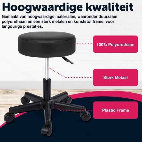 Kruk Stoel Ronde Kruk Draaibaar 360° PU Leer Stoel met Rugleuning Hoogte Verstelbaar 74-86 cm 5 Wielen voor Kantoor Massage Spa Medische Salon Tattoo Schoonheid Kapper (H) The New