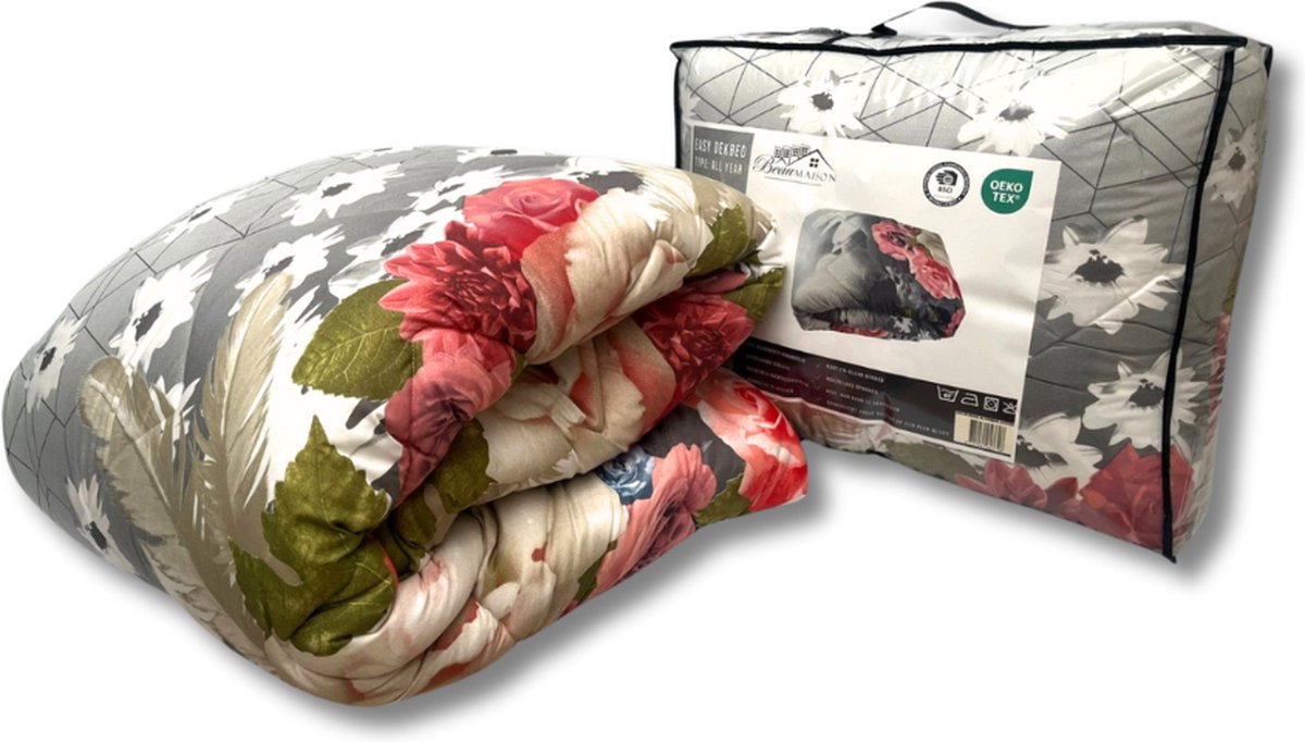 Beau Maison Bedrukt Dekbed Grijs met Rozen 240 x 220 cm / Hoesloos / 2 in 1 dekbed / Wasbaar / Dekbed zonder overtrek