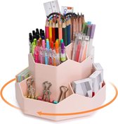 Roterende pennenhouder, bureau-organizer, kantoororganisator, pennenorganizer met 9 compartimenten, 360 graden pennenhouder, draaibaar, grote capaciteit, roze