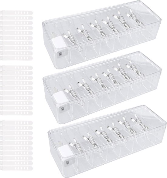 Opbergdozen voor kabels, organisatoren, 2 stuks, kabelnetjes, beheerdoos, snoeropbergdoos, opbergdoos, met 20 stuks kabelbinders, herbruikbaar, transparant