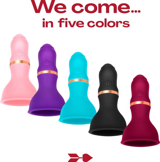 Vijf vibrators in verschillende kleuren: roze, paars, cyaan, zwart en bordeauxrood.
