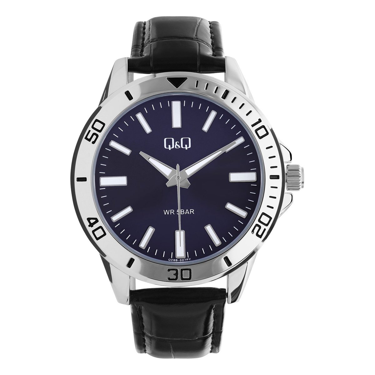 QQ Q28B-007PY - Horloge - Analoog - Heren - Mannen - Leren band - Rond - Metaal - Zwart - Zilverkleurig - DonkerBlauw - 5 ATM