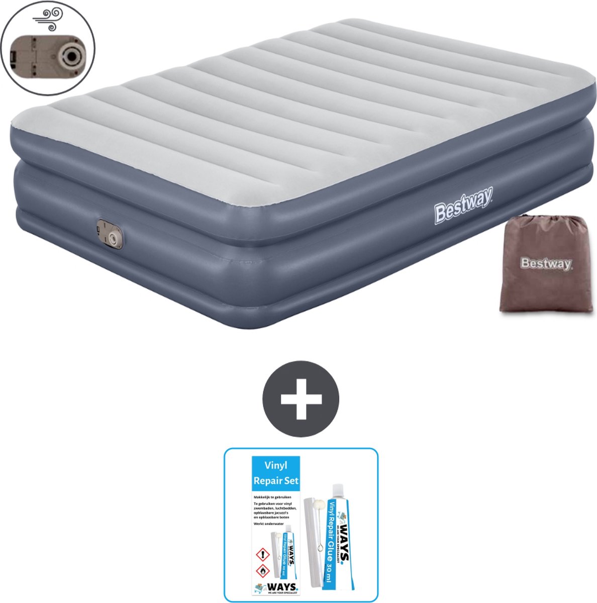Bestway luchtbed - 2-Persoons - 152 x 203 x 51 cm - Grijs - - Inclusief pomp - Reparatieset