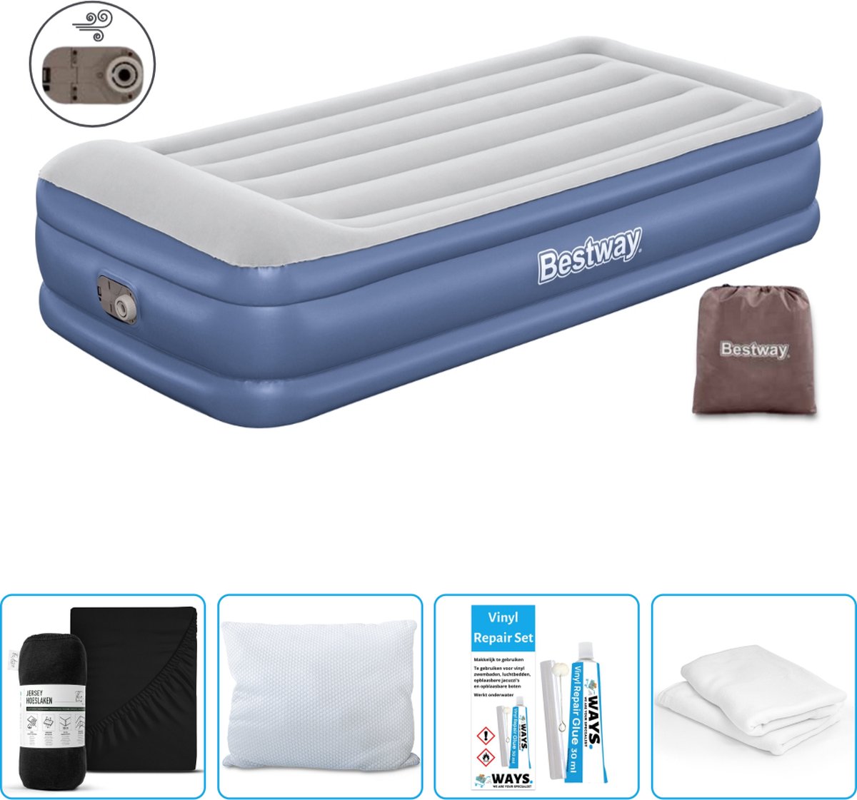 Bestway luchtbed - 1-Persoons - 97 x 191 x 46 cm - Grijs/Blauw - Inclusief pomp - Hoeslaken - Kussen - Kussenbeschermer en Reparatieset