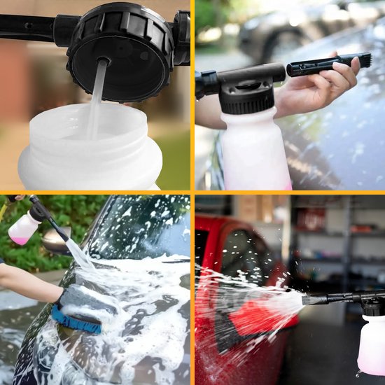 Collage van vier afbeeldingen: vullen van de schuimspuit, vasthouden van de spuit, auto wassen met schuim en spuiten op een rode auto.