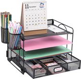 Organiseur de fichiers de bureau à 4 plateaux, organiseur de fournitures de Office en maille avec tiroir pour Office à Home(2 porte-stylos) (noir)
