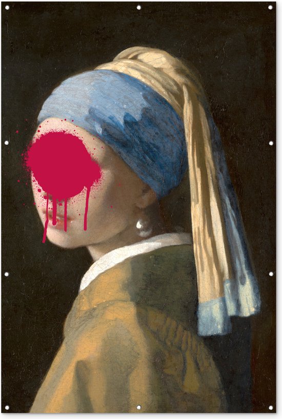 Muurdecoratie Meisje met de parel - Johannes Vermeer - Roze - 120x180 cm - Tuinposter - Tuindoek - Buitenposter