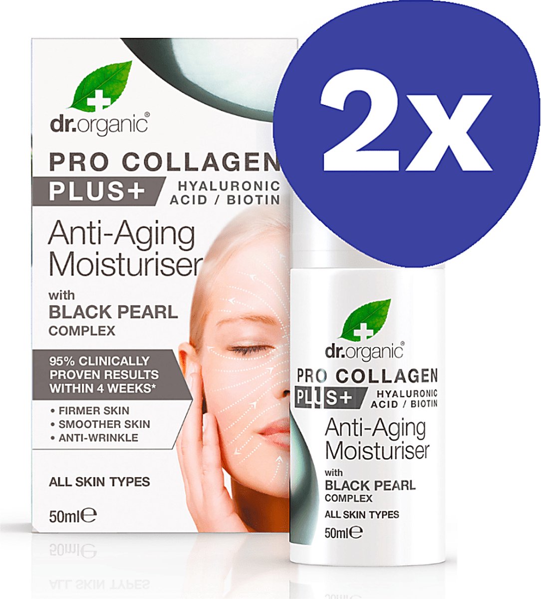 Goedkoopste Dr Organic Pro Collageen Anti-Veroudering Dagcreme - Black Pearl (2x 50ml