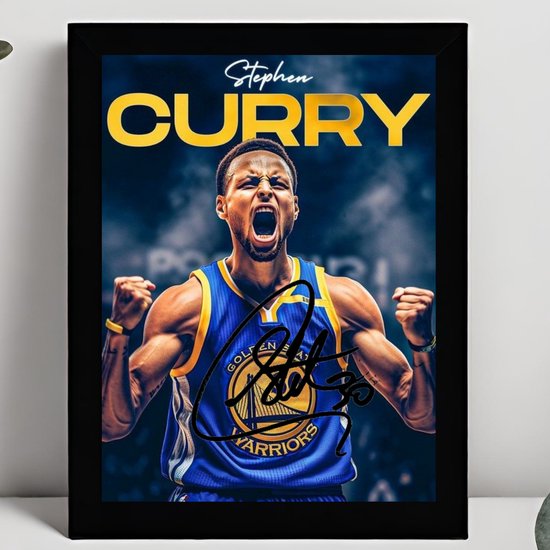 Stephen Curry Art – Signature imprimée – 10 x 15 cm – Dans un cadre Zwart Classique – NBA – Basketbal – Golden State Warriors – Photo encadrée