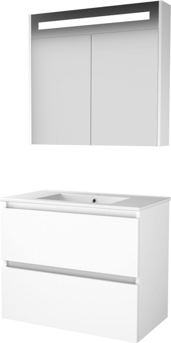 Basic Premium 46 badmeubelset met spiegelkast met geïntegreerde LED verlichting, greeploze wastafelonderkast met 2 lades en porseleinen wastafel met 1