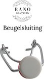 Zilverkleurige metalen beugelsluiting met een ronde witte dop en rode ring.