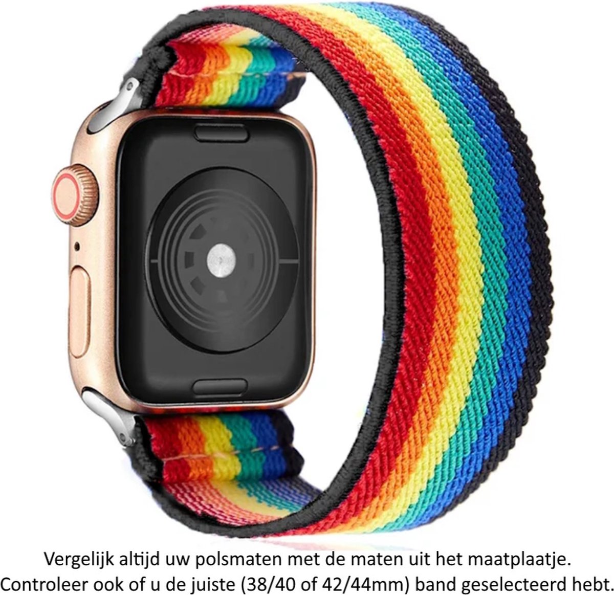 Regenboog Kleurig Elastische Nylon Horloge Band geschikt voor Apple Watch 1, 2, 3, 4, 5, 6, 7, 8, SE, 38mm, 40mm & 41mm "Vrouwenbreedte" Series – Maat: zie maatfoto - Zacht Geweven Nylon - 38 mm, 40 mm en 41 mm - rainbow colored - pride