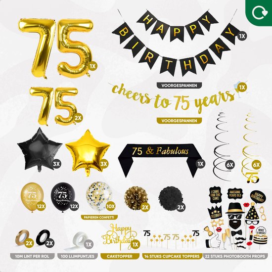 Fissaly 75 Jaar Verjaardag Decoratie Versiering - Ballonnen – Helium, Latex & Papieren Confetti Ballonnen- Zwart en Goud