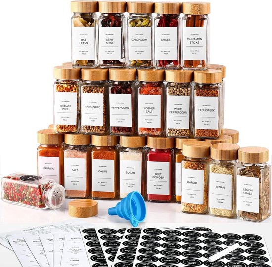 Foto: Botc 24 glazen kruidenpotjes set bamboe deksel kruidenstrooier spice jars incl 372 nederlands kruidenpotjes stickers en 72 blanco stickers krijtstift en accessoires 120ml