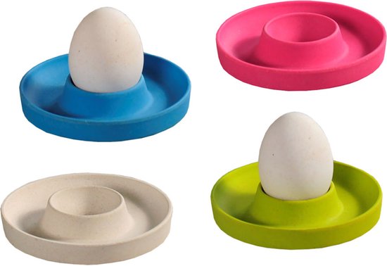 Foto: Eierdopjes set van 4 stuks met praktische rand voor neerleggen van de eierschaal eierdoppen set 4 delig egg cups melamine plastic mix kleuren